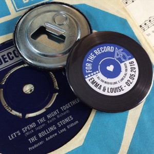 Wedding Favour Bottle Openers (Fridge Magnets) - Vintage Vinyl Record Design Complete With Organza Bags