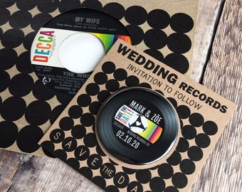 Wedding Save The Date Magnets - Rainbow Vinyl Record Design Complete With Square Mini Backing Cards
