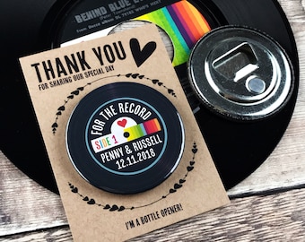 Wedding Favour Bottle Opener Magnets - Vinyl Record Rainbow Design With Rustic Mini Backing Cards