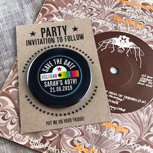 Birthday Party Save The Date Magnets - Rainbow Vinyl Record Design Complete With Mini Backing Cards