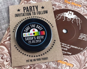 Birthday Party Save The Date Magnets - Rainbow Vinyl Record Design Complete With Mini Backing Cards