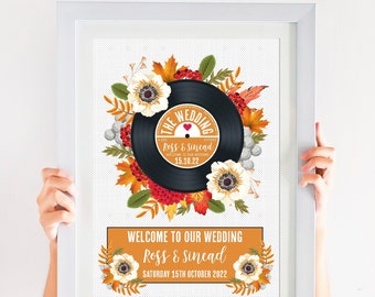 Wedding Welcome Sign - Printed Autumnal Floral Vinyl Record Design (Unframed) Autumn Fall Maple Leaf