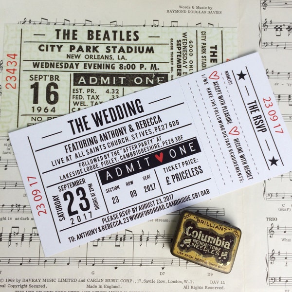Wedding/ Party Invitations - Gig/ Concert Ticket Design (Perforated)