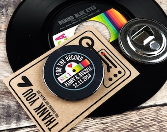Wedding Favour Bottle Opener Magnets - Vinyl Record Rainbow Design With Mini Turntable Backing Cards