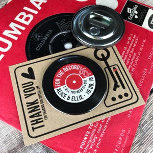 Wedding Favour Bottle Opener Magnets - Vinyl Record Design Complete With Mini Turntable Backing Cards