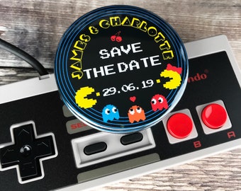 Wedding Save The Date Magnets Retro Pacman Design Complete With Organza Bags