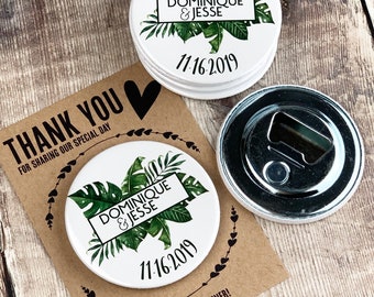 Wedding Favour Bottle Opener Magnets - Tropical Palm Leaf Design Complete With Mini Backing Cards