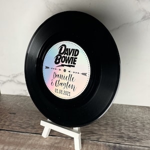 REAL 7&quot; Vinyl Record Wedding Table Numbers/ Names - Metallic Rainbow Holographic label Vinyl Record Design