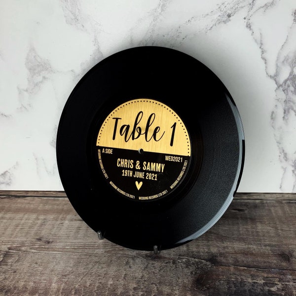 REAL 7" Vinyl Record Wedding Table Numbers/ Names - Metallic Gold label Vinyl Record Design