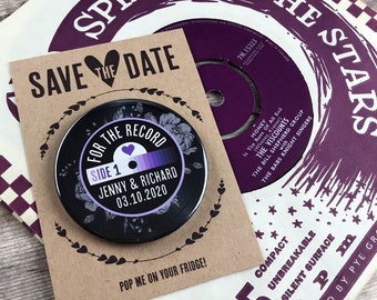 Wedding Save The Date Magnets - Etched Floral Vinyl Record Design Complete With Mini Backing Cards