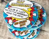 Wedding Save The Date Magnets Comic Book Design "Holy Matrimony" (Complete With Organza Bags)