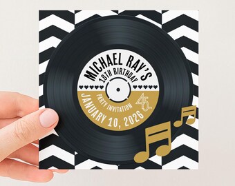 May include: A square invitation with a black and white chevron pattern background. A black vinyl record is centered, with text that reads "Michael Ray's 18th Birthday Party Invitation January 10, 2026." Gold musical notes are in the lower right.