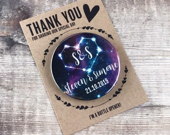 Wedding Favour Bottle Opener Magnets - Celestial Galaxy Design Complete With Mini Backing Cards