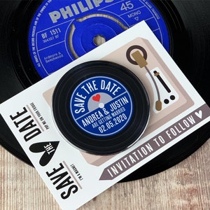 Magneti Save The Date per matrimonio - Design in vinile completo di mini cartoncini di supporto ispirati ai giradischi