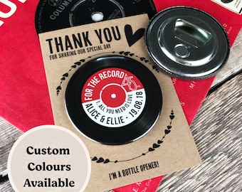 Wedding Favour Bottle Opener Fridge Magnets - Vinyl Record Design Complete With Mini Backing Cards - Music Theme
