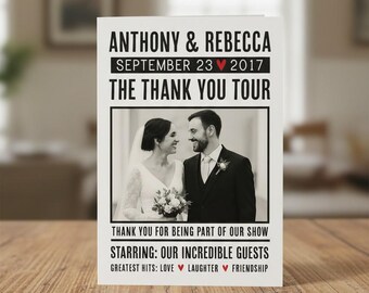 May include: A wedding thank you card with the names "Anthony & Rebecca" and the date "September 23 2017". The card features a black and white photo of the couple and text that reads "The Thank You Tour".