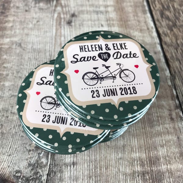 Wedding Save The Date Magnets Retro Tandem Bicycle Design (Complete With Organza Bags) (Polka Dot)