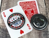 Wedding Favour Bottle Opener Fridge Magnets - Las Vegas/ Roulette Wheel Design Complete With Mini Playing Card Backing Cards