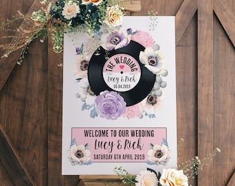 Wedding Welcome Sign - Printed Floral Vinyl Record Design (Unframed)