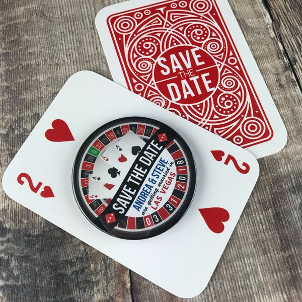 Hochzeit Save The Date Magneten - Las Vegas / Roulett-Rad-Design komplett mit Mini-Spielkarten-Trägerkarten