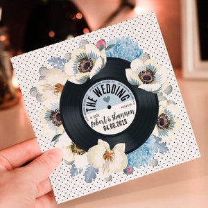 Wedding/ Party Invitations Floral Vinyl Record Design Blue image 1