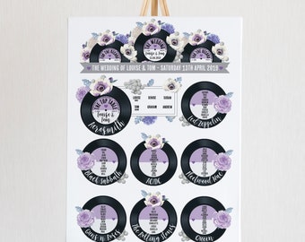 Wedding Table Plan - Printed Floral Vinyl Record Design (Unframed) Purple