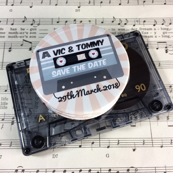 Wedding Save The Date Magnets Retro Cassette "Mix Tape" Design Complete With Organza Bags 59mm (Music Lovers)