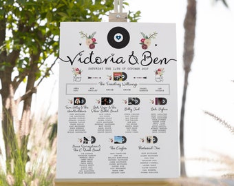 May include: A wedding seating chart with a vintage record player theme. The chart features a black and white illustration of a record player with a red heart. The names of the guests are listed under the names of various musical artists, such as Tom Petty, Bob Seger, and The Eagles.