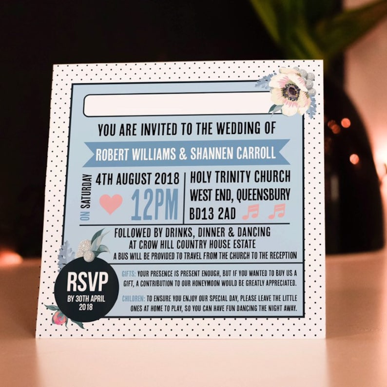 Wedding/ Party Invitations Floral Vinyl Record Design Blue image 2