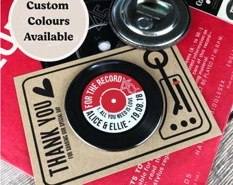 Wedding Favour Bottle Opener Magnets - Vinyl Record Design Complete With Mini Turntable Backing Cards