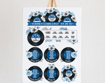 Wedding Table Plan - Printed Floral Vinyl Record Design (Unframed) Blue