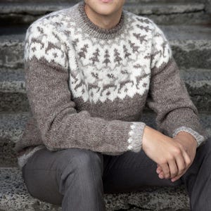 Könnte beinhalten: Ein braun-weiß gemusterter Pullover mit Rundhalsausschnitt und langen Ärmeln. Der Pullover hat ein detailliertes Design auf der Brust und den oberen Ärmeln mit einem kontrastierenden Muster. Die Ärmel und der untere Teil sind einfarbig braun.