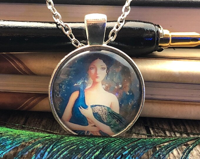 Lady Elegant holding Peacock set in Silver Dome Glass Pendant with Chain Necklace