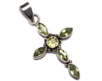 Edelstein Kettenanhänger Peridot Kreuz Anhänger 925 Sterling Silber Konfirmation Schmuck Kommunion Geschenk Damen Schmuck grün vintage Stil