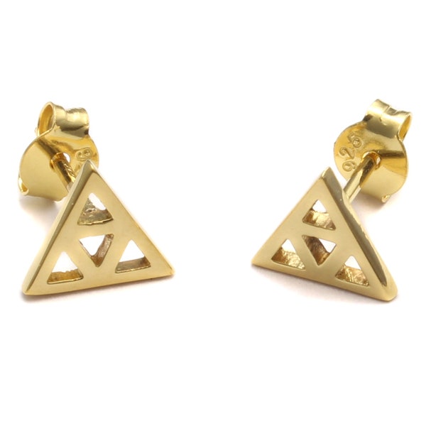 Geek gaming stud earrings, 925 sterling silver, Zelda Triforce inspired, nerd triangle earring, yellow gold plated unisex, stud geometric