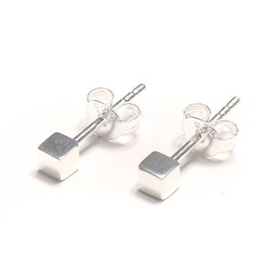 Könnte beinhalten: Ein Paar silberne Würfel-Ohrstecker. Die Ohrringe sind klein und schlicht, mit einem minimalistischen Design.