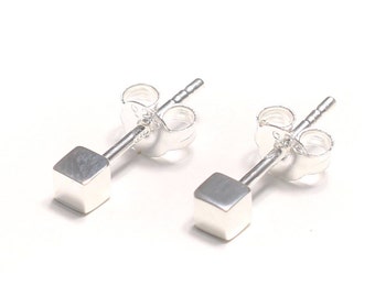 Pode incluir: Um par de brincos de prata com forma de cubo. Os brincos são pequenos e simples, com um design minimalista.