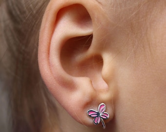 Butterfly children's ear clips, 925 sterling silver, genuine silver children's jewelry, nickel-free silver ear clips, pink girls' jewelry