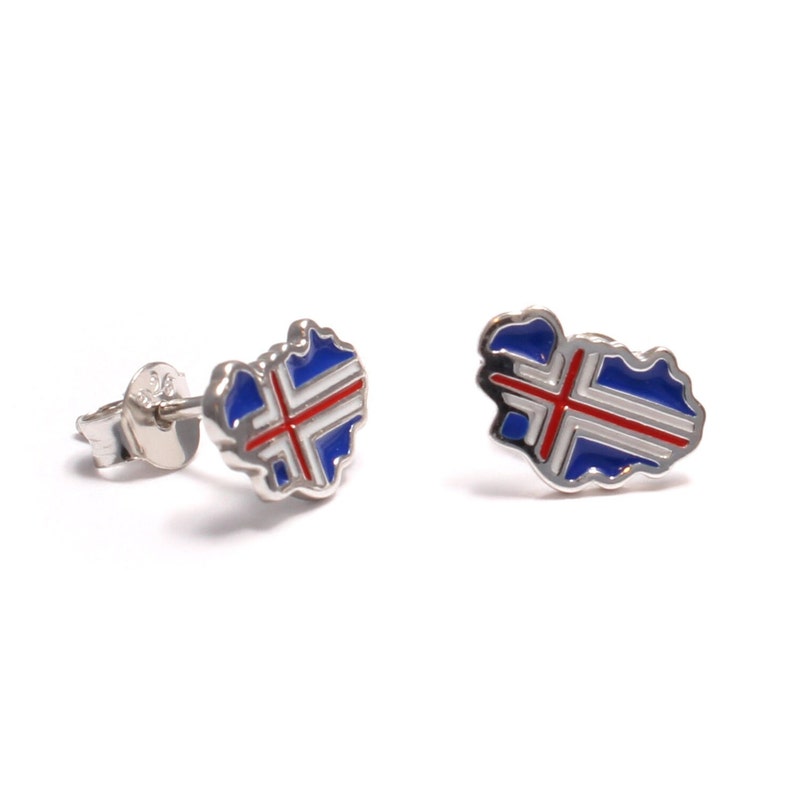 Iceland island stud earrings, 925 sterling silver, flag earrings small, nickel-free earrings, map jewelry, gift for him and her image 1