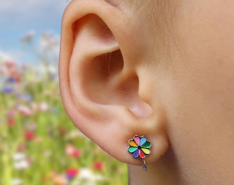 Rainbow Flower Ear Clips, 925 Sterling Silver, Platinum-Plated & Enameled | Children's Ear Clips, 7mm, Colorful Little Flower Clips