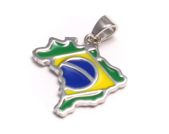 Brazil map pendant, 925 sterling silver genuine, chain pendant flag enamel, Brazilian pride souvenir, vacation travel gift