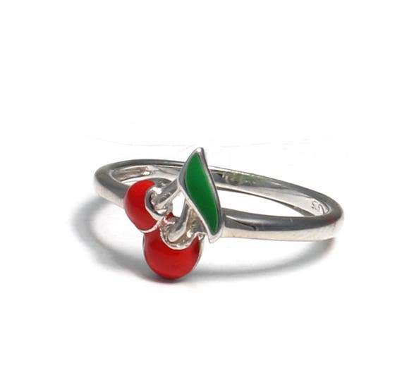 Nuevo anillo de niños con cerezas Rojo/Verde/plata ajustable en tamaño cereza anillo