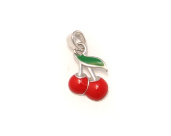 Kirschen Anhänger aus 925 Sterling Silber, Obst Kettenanhänger rot, kawaii Ketten Anhänger klein, Kirsche rockabilly Schmuck, Emaille Frucht