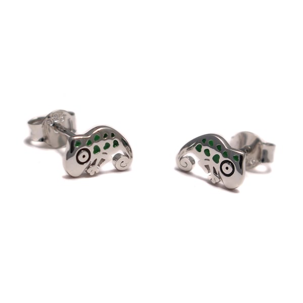 Chamäleon Ohrstecker 925 Sterling Silber, Reptilien Kinder Schmuck, Kinderschmuck Silber, Ohrringe kawaii, Tier Silberohrstecker  nickelfrei