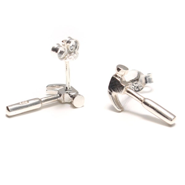 Hammer Ohrstecker detailliert, 925 Sterling Silber, Herren Stecker DIY, Handwerker Ohrringe Männer, unisex handyman Liebhaber, mini Werkzeug