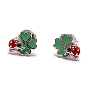 Four-leaf clover stud earrings 925 sterling silver, St Patrick&#39;s Day earrings, lucky charm earrings, ladybug silver stud earrings