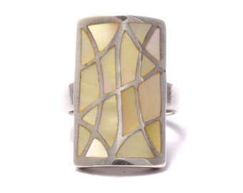 Parelmoer mozaïek ring, 925 sterling zilver, geometrische kunstsieraden, vrouwelijk nobel ontwerp, cadeau voor haar, dames statement ring nikkelvrij