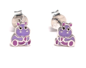 Orecchini a bottone ippopotamo in argento sterling 925, gioielli per bambini ippopotamo, gioielli per bambini ippopotamo in argento, orecchini zoo colorati, orecchini a bottone in argento per animali viola