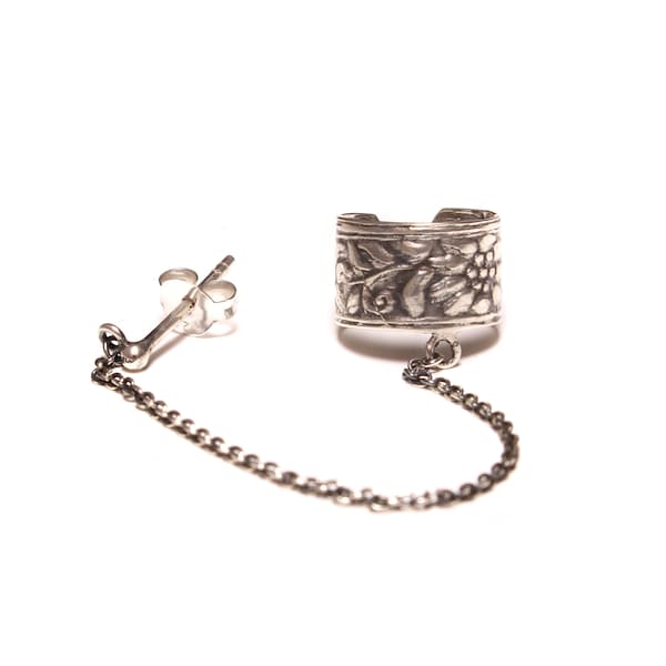 Flower ear cuff, ear clip with plug made of 925 silver, flower silver earring silver, fake piercing, fake plug, clip on earrings silver