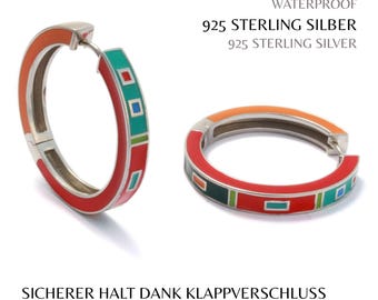 Colored hoop earrings silver large 30 mm hinged hoop earrings 925 Sterling Silver rhodium-plated & enameled Colored earrings ladies gift